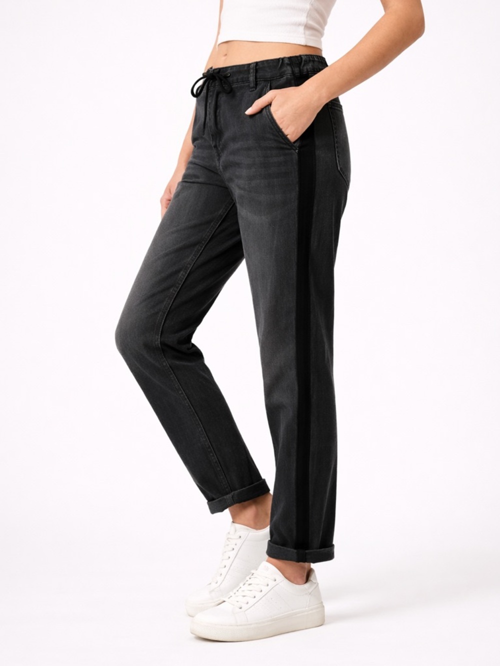 PAIGE Christy Black Wash Side Stripe Drawstring Jeans Women’s 32